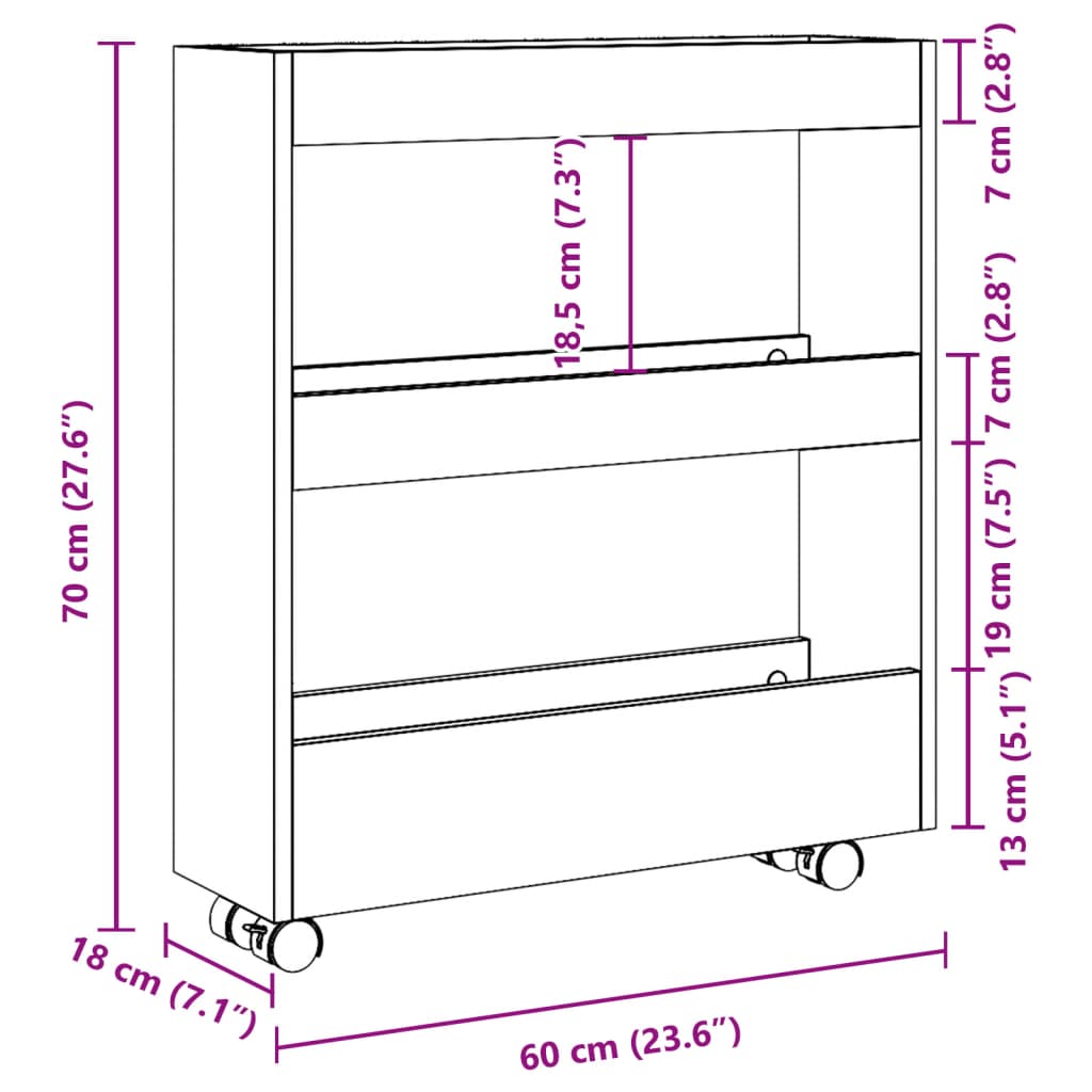 Narrow Storage Trolley 3 Tier Black Engineered Wood