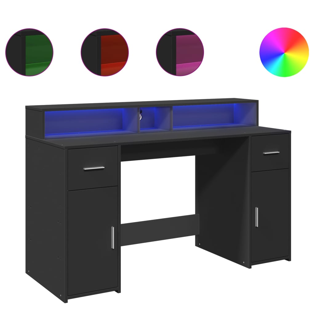 Desk with LED Lights Black 140x55x91 cm Engineered Wood