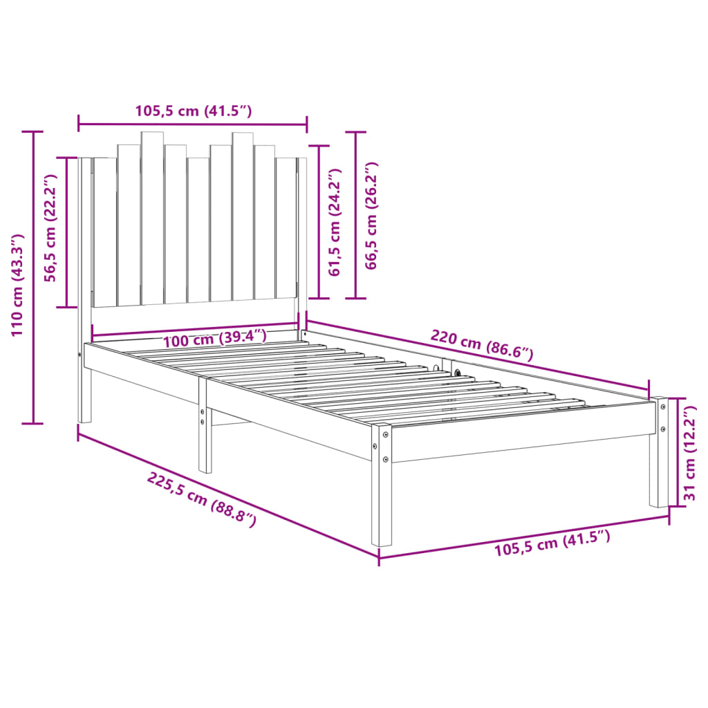 Extra Long Bed Frame without Mattress White 100x220 cm Solid Wood
