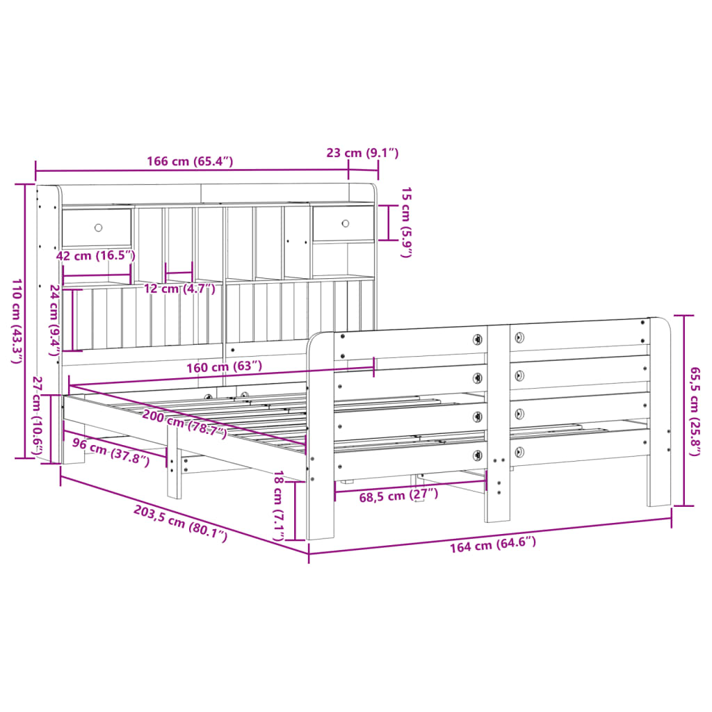 Bookcase Bed without Mattress 160x200 cm Solid Wood Pine