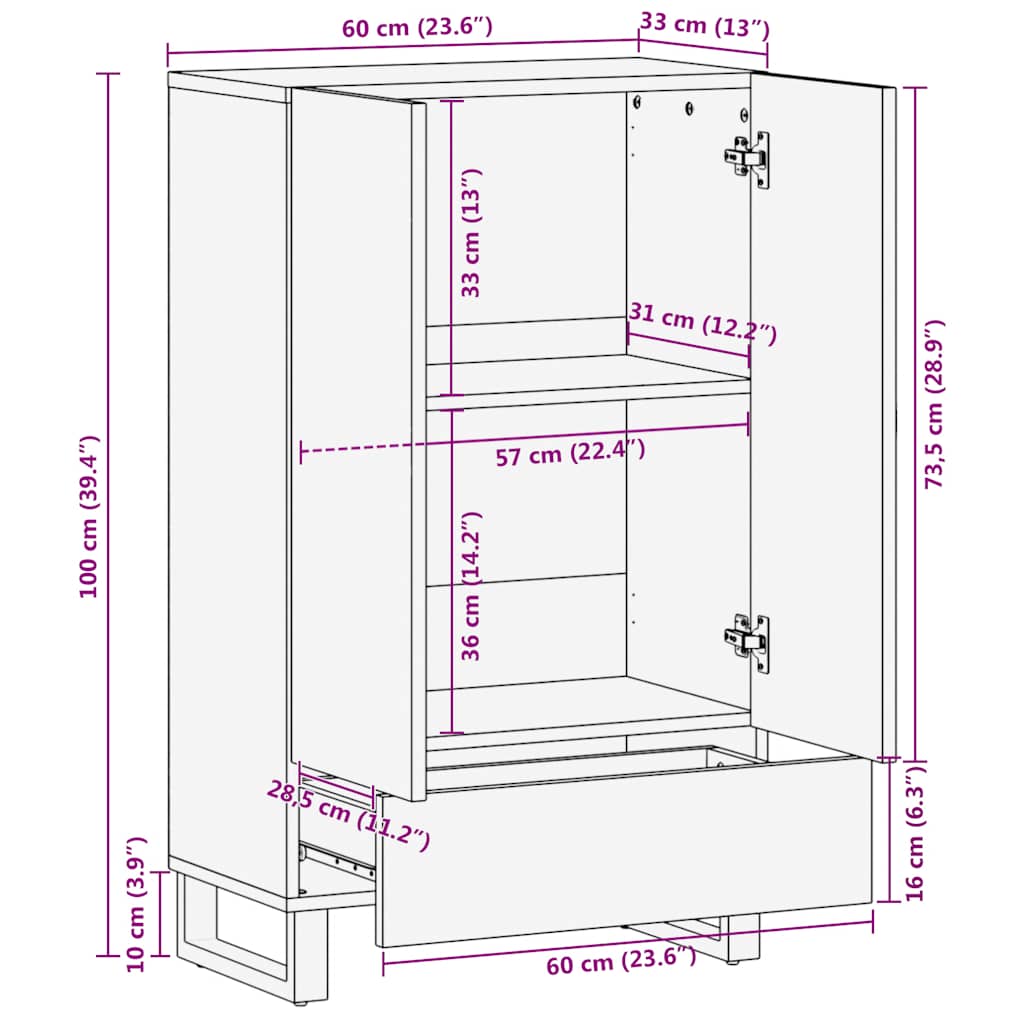 Highboard Black 60x33x100 cm Solid Wood Mango