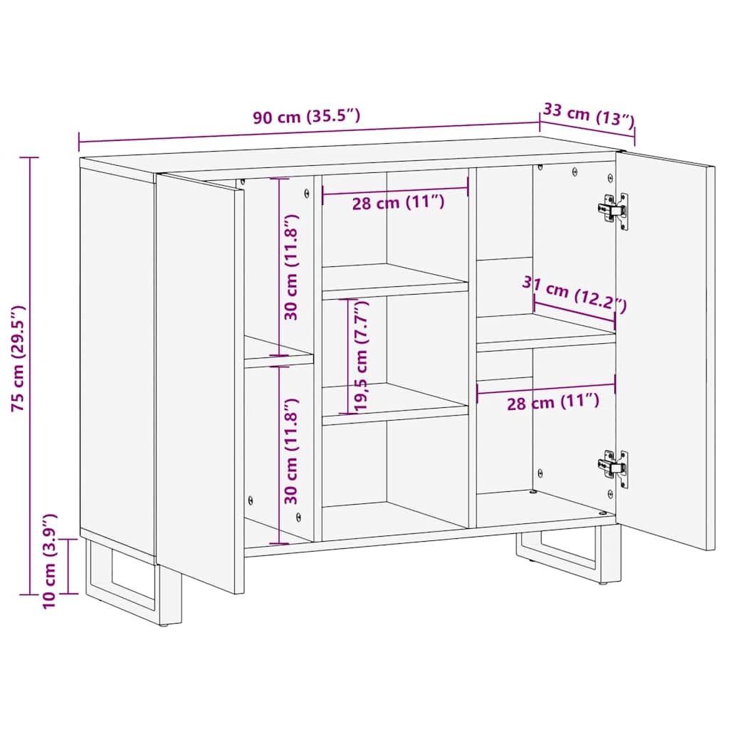 Sideboard White 90 x 33 x 75 cm Solid mango wood