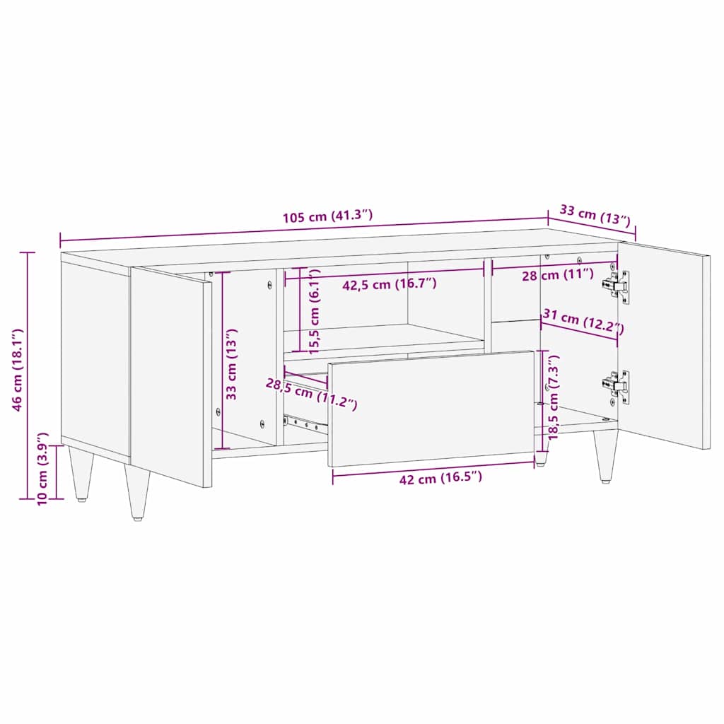 TV Cabinet Light brown 105 x 33 x 46 cm Solid mango wood