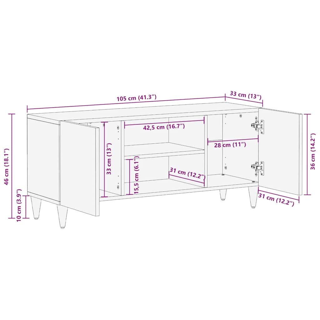 TV Cabinet with Shelf White 105 x 33 x 46 cm Solid mango wood