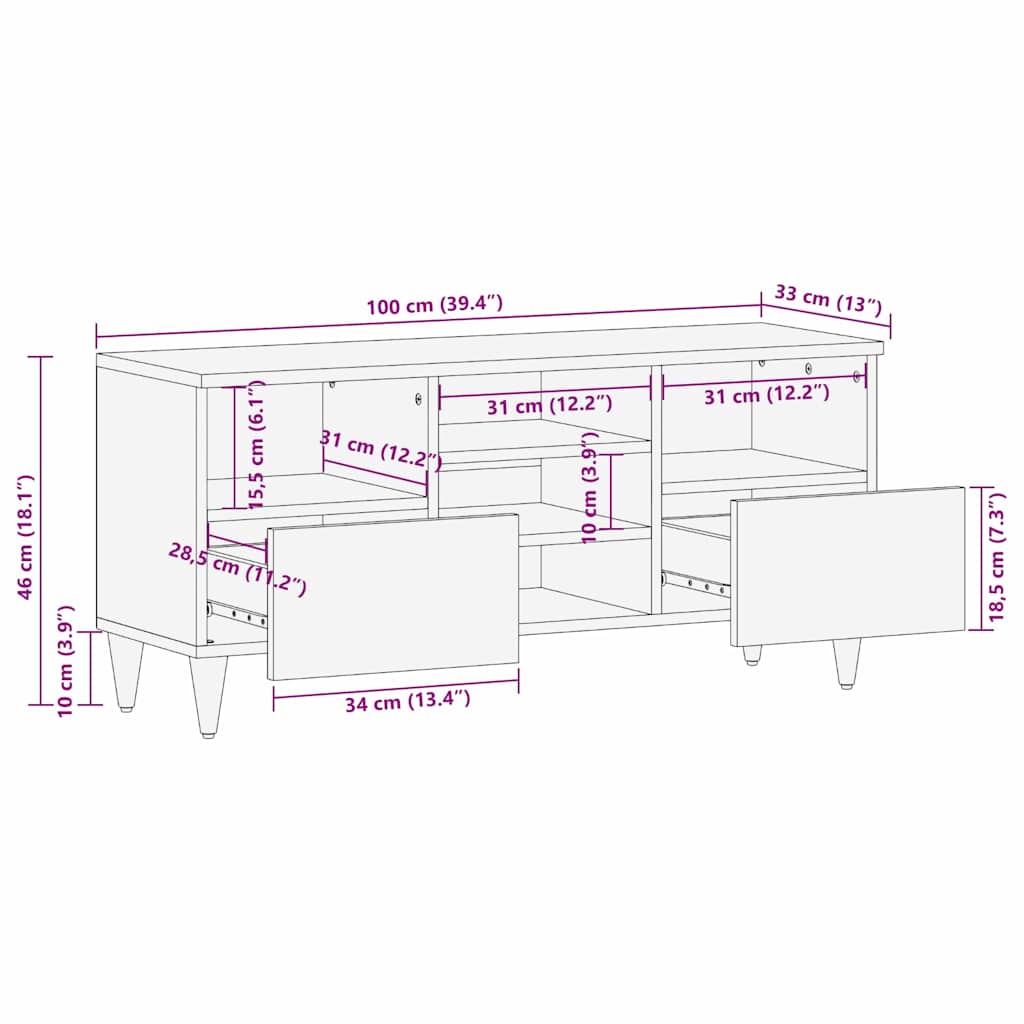 TV Cabinet with Drawer White 100 x 33 x 46 cm Solid mango wood