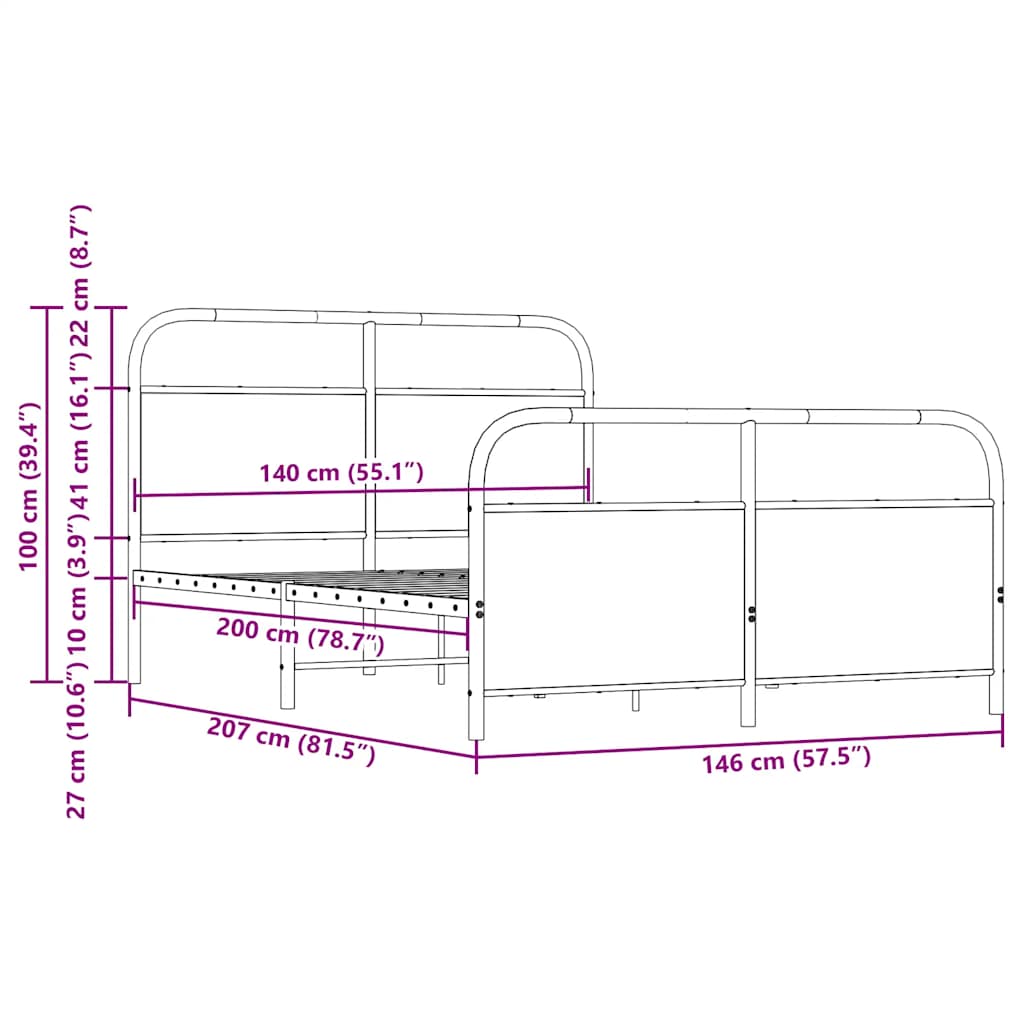 Metal Bed Frame without Mattress Brown Oak 140x200 cm