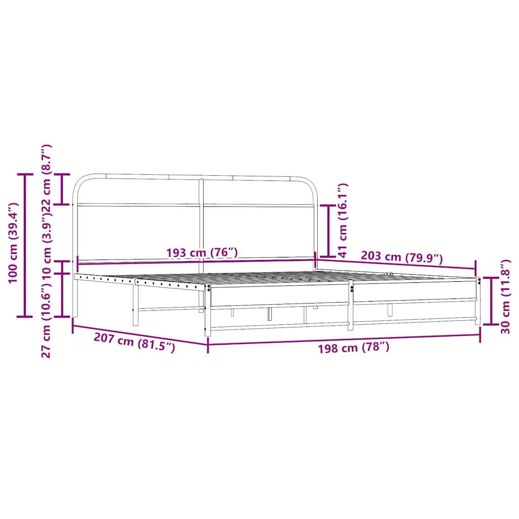 Metal Bed Frame without Mattress Smoked Oak 193x203 cm