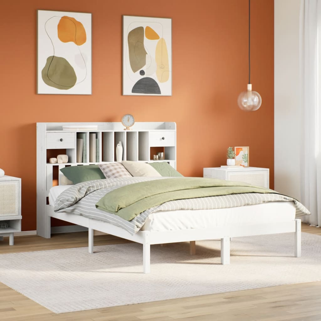 Bookcase Bed without Mattress White 150x200 cm King Solid Wood Pine