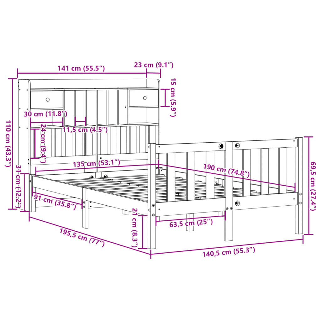 Bookcase Bed without Mattress White 135x190 cm Double Solid Wood Pine