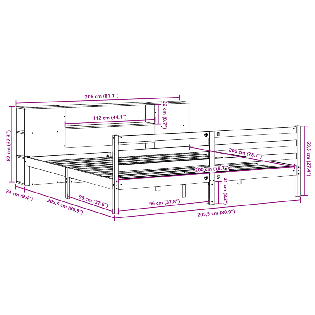 Bookcase Bed without Mattress White 200x200 cm Solid Wood Pine