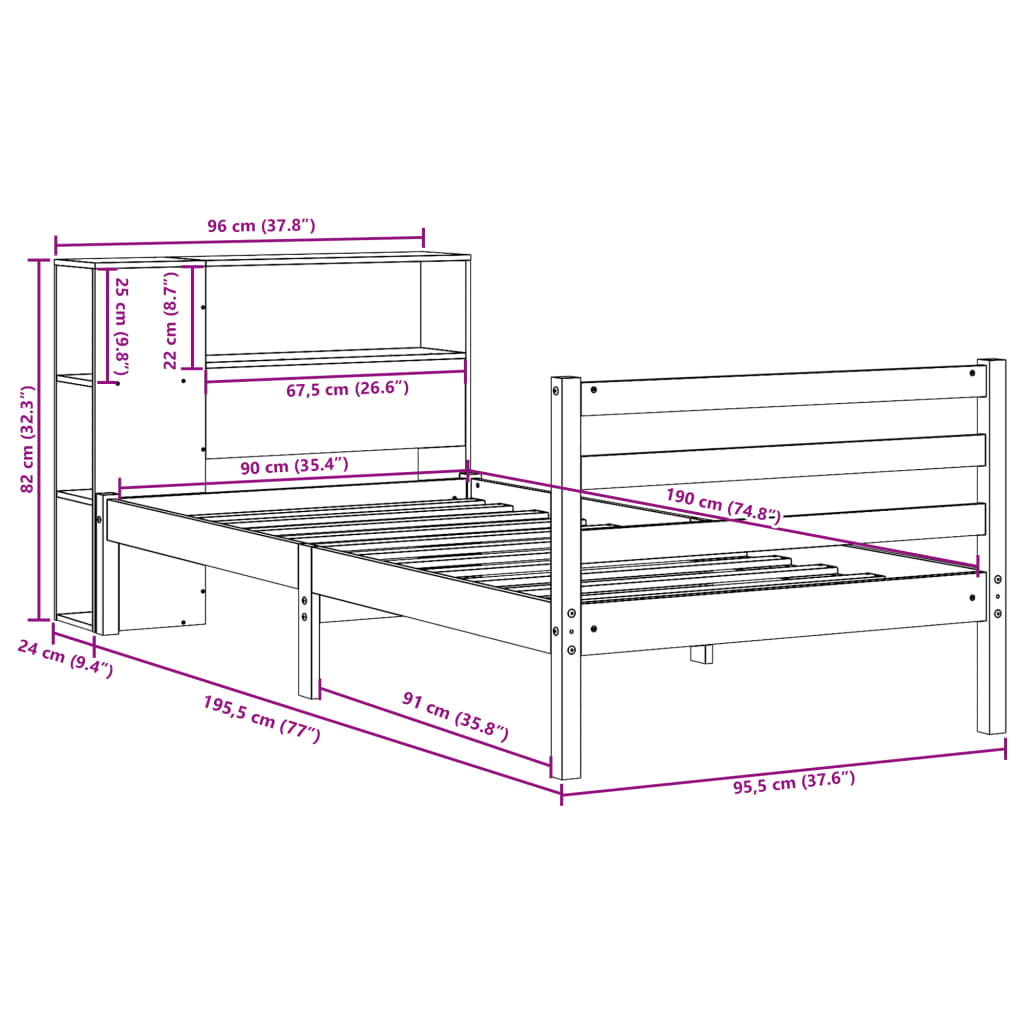 Bookcase Bed without Mattress 90x190 cm Single Solid Wood Pine