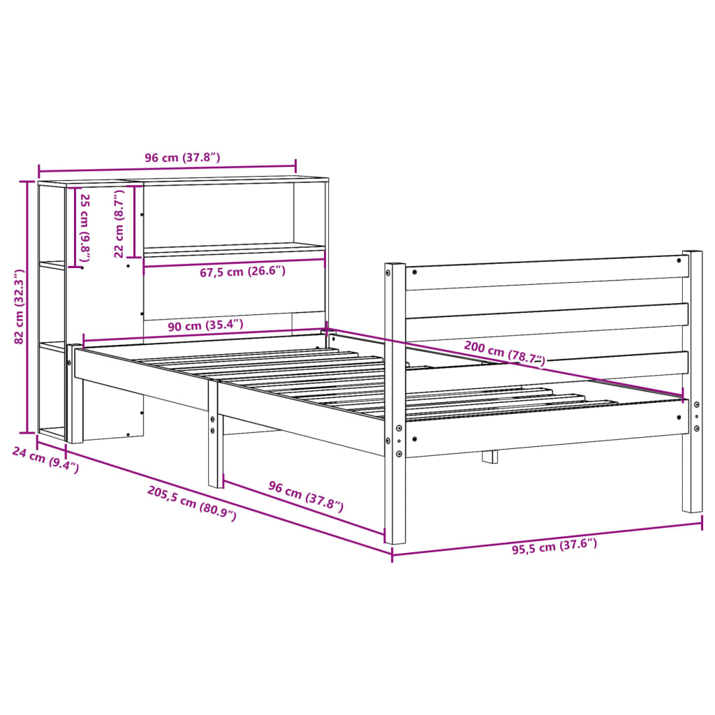 Bookcase Bed without Mattress 90x200 cm Solid Wood Pine