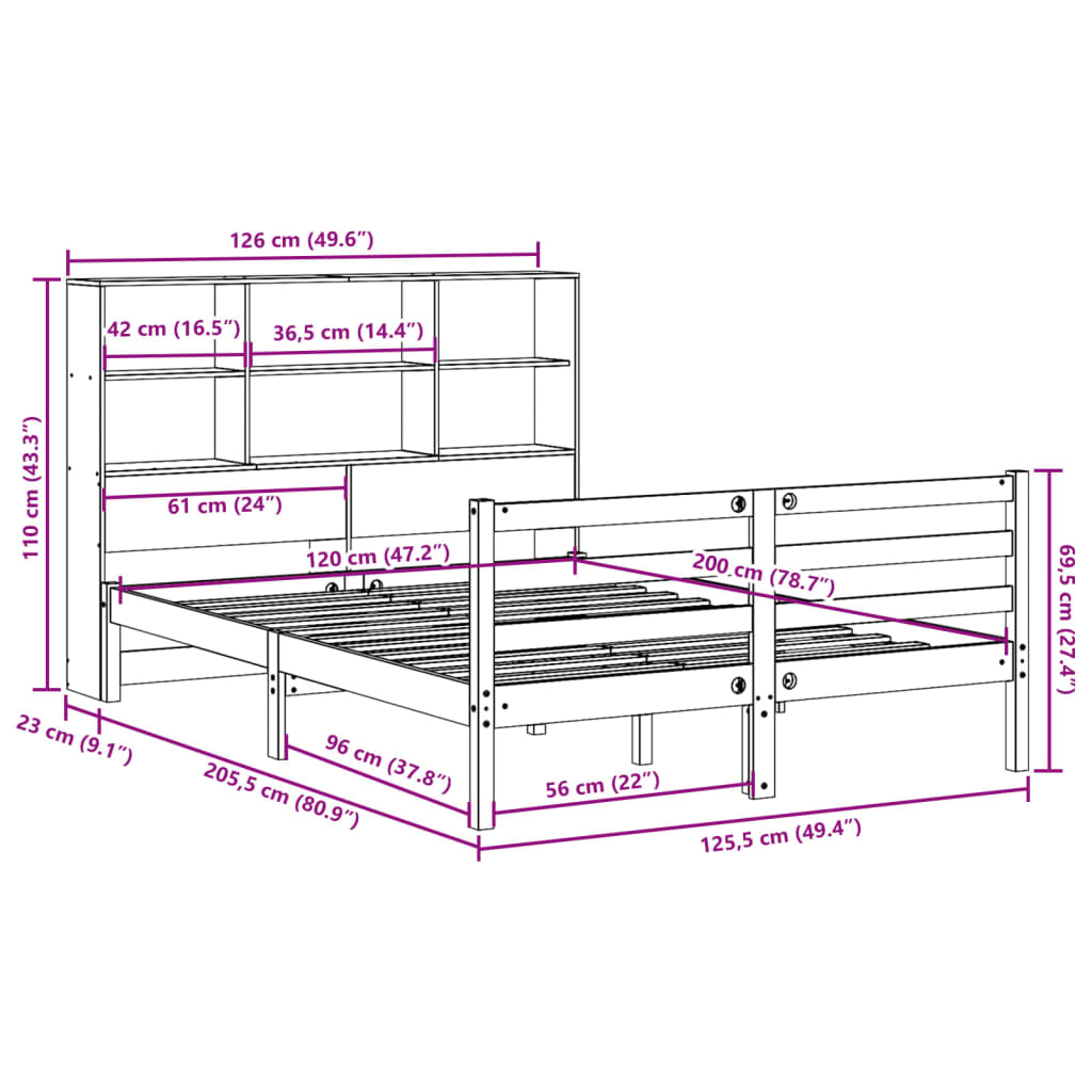 Bookcase Bed without Mattress White 120x200 cm Solid Wood Pine