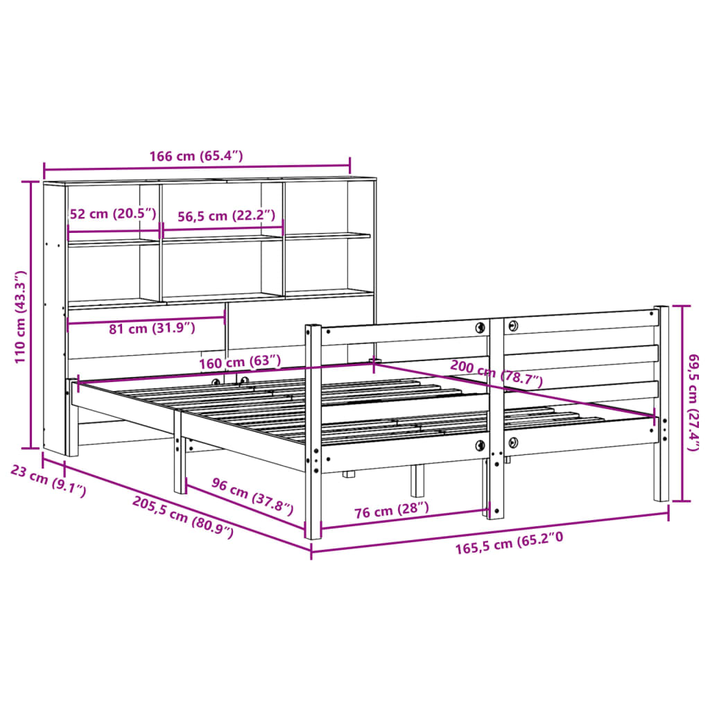 Bookcase Bed without Mattress White 160x200 cm Solid Wood Pine