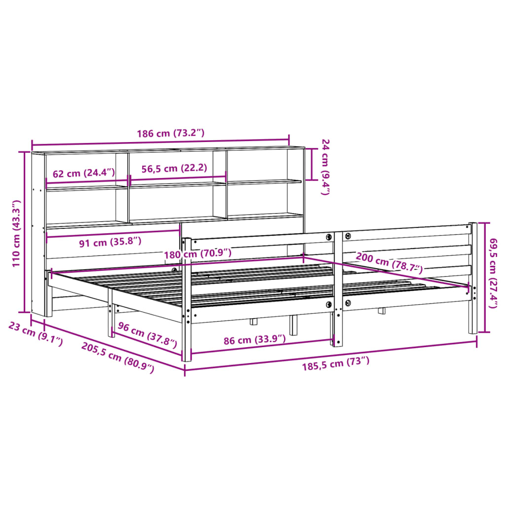 Bookcase Bed without Mattress White 180x200 cm Super King Solid Wood Pine