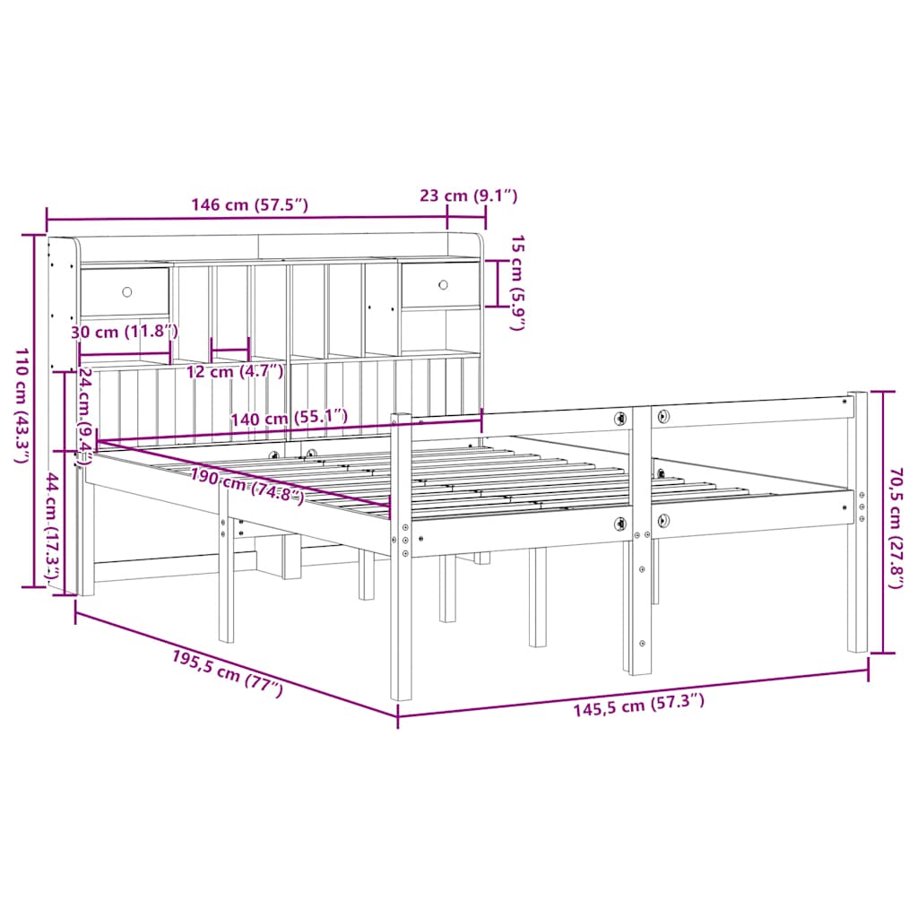 Bookcase Bed without Mattress 140x190 cm Solid Wood Pine