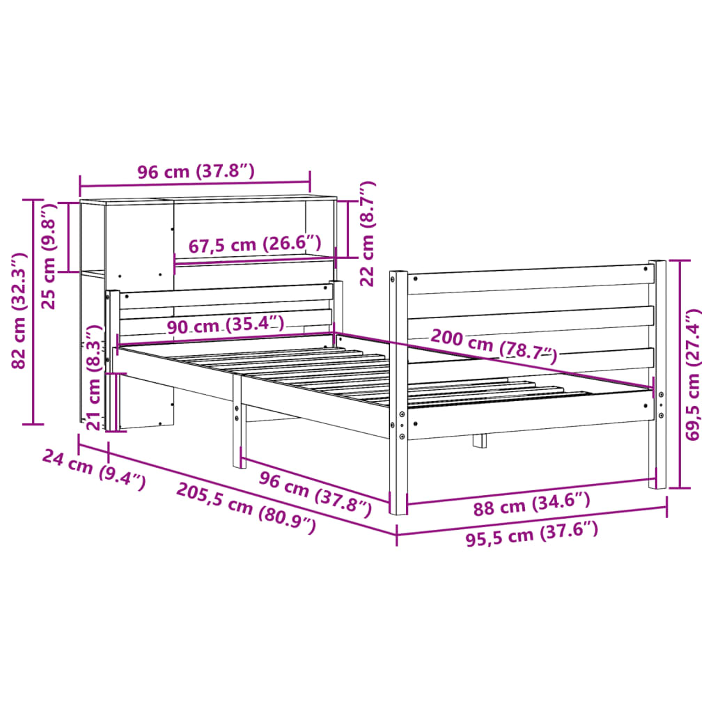Bookcase Bed without Mattress 90x200 cm Solid Wood Pine