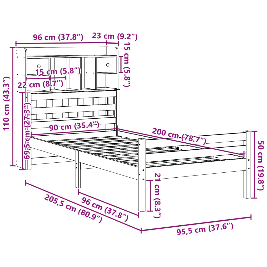 Bookcase Bed without Mattress 90x200cm Solid Wood Pine