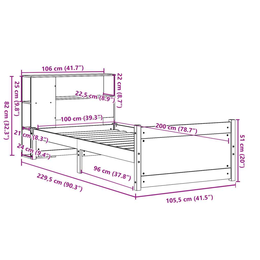 Bookcase Bed without Mattress White 100x200cm Solid Wood Pine