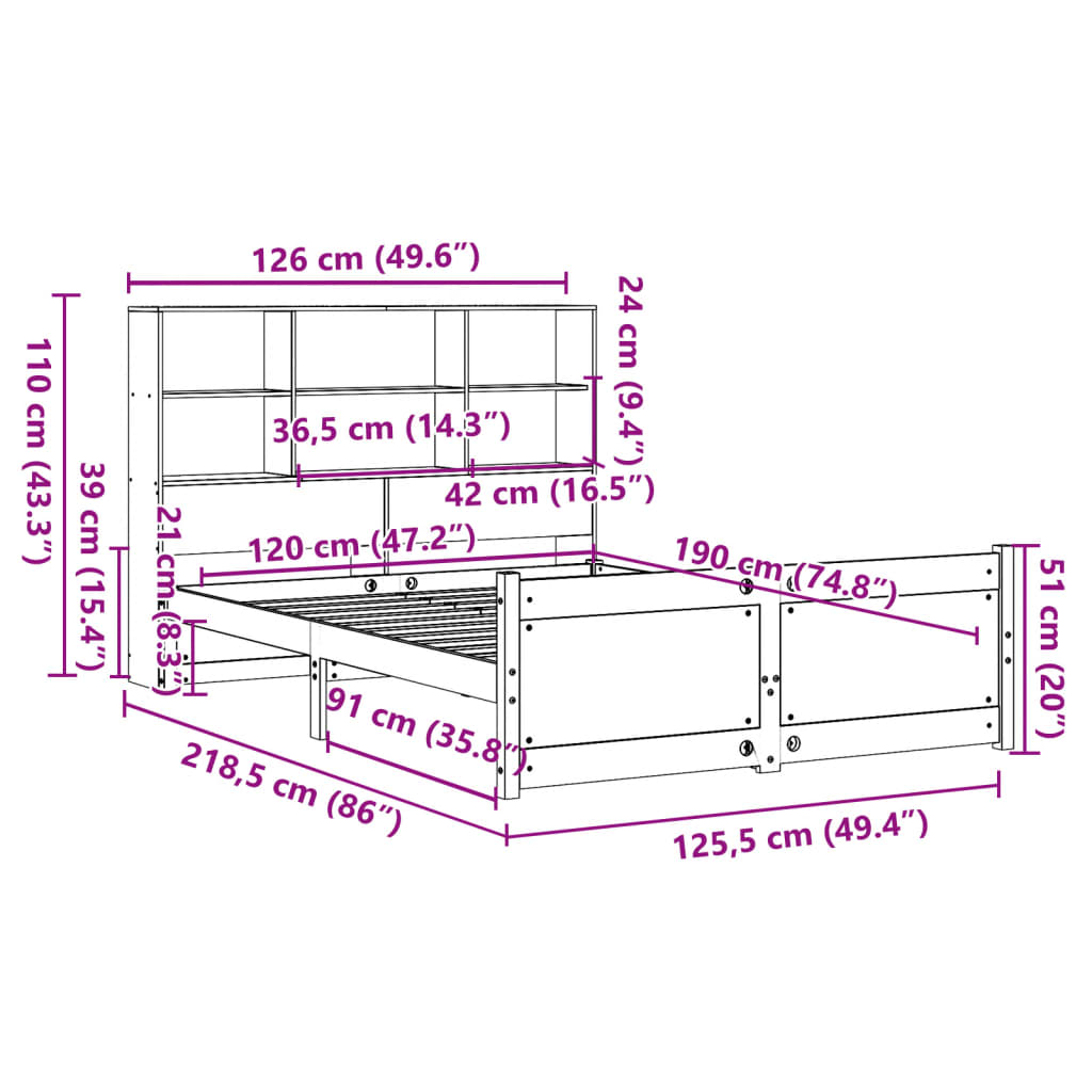 Bookcase Bed without Mattress White 120x190 cm Small Double Solid Wood Pine