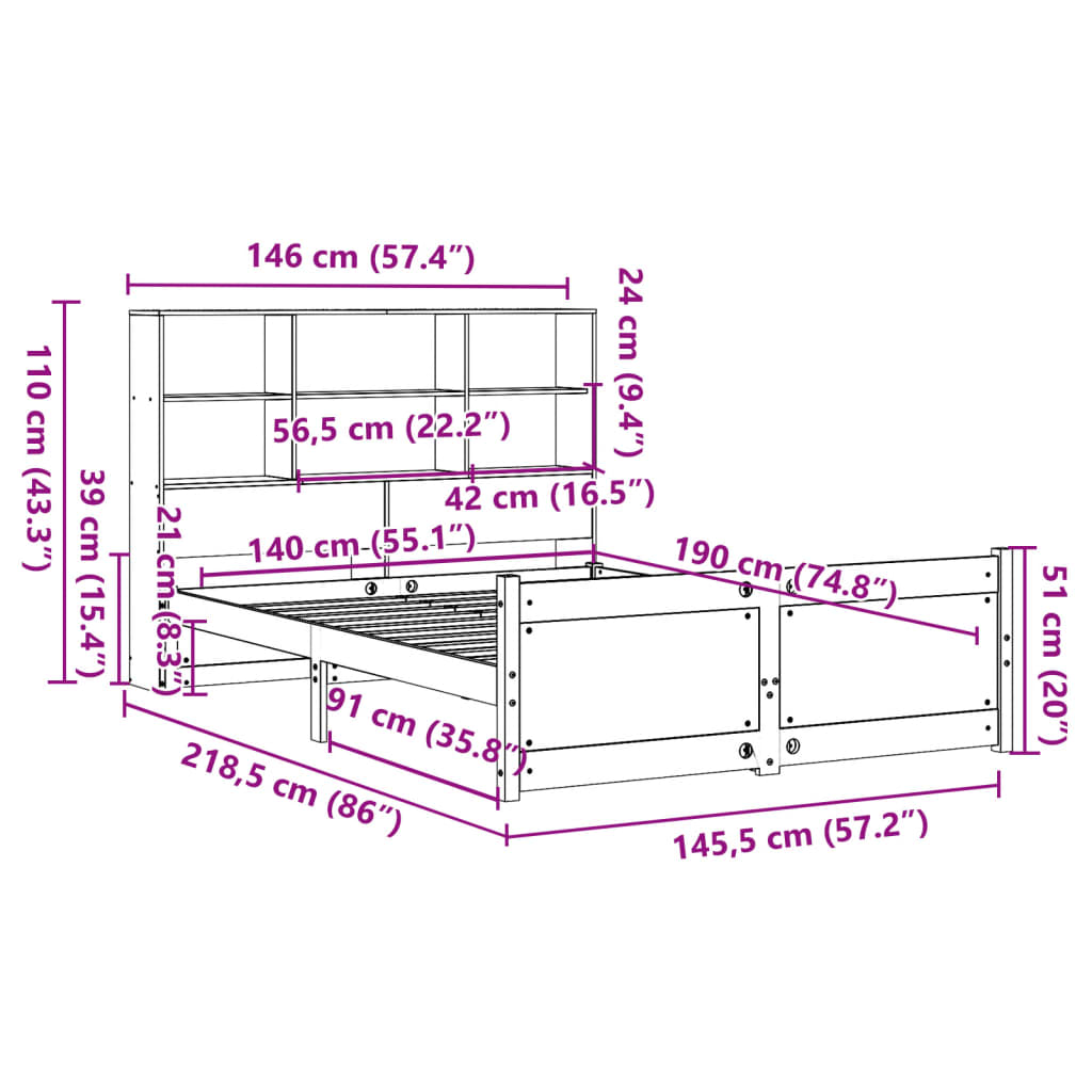 Bookcase Bed without Mattress 140x190cm Solid Wood Pine