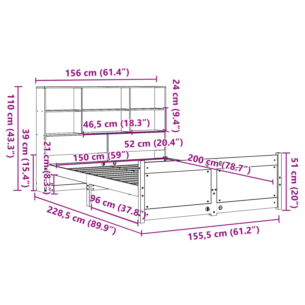 Bookcase Bed without Mattress 150x200 cm King Size Solid Wood Pine