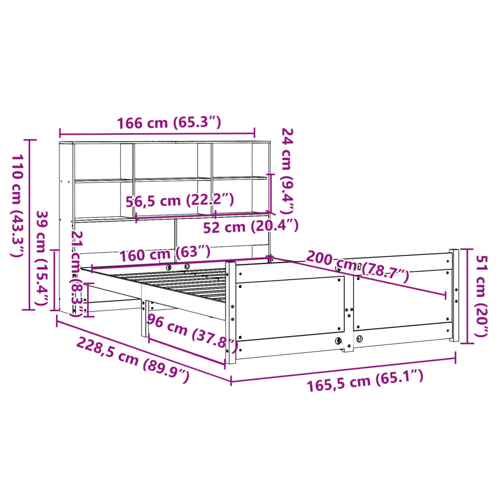 Bookcase Bed without Mattress 160x200cm Solid Wood Pine