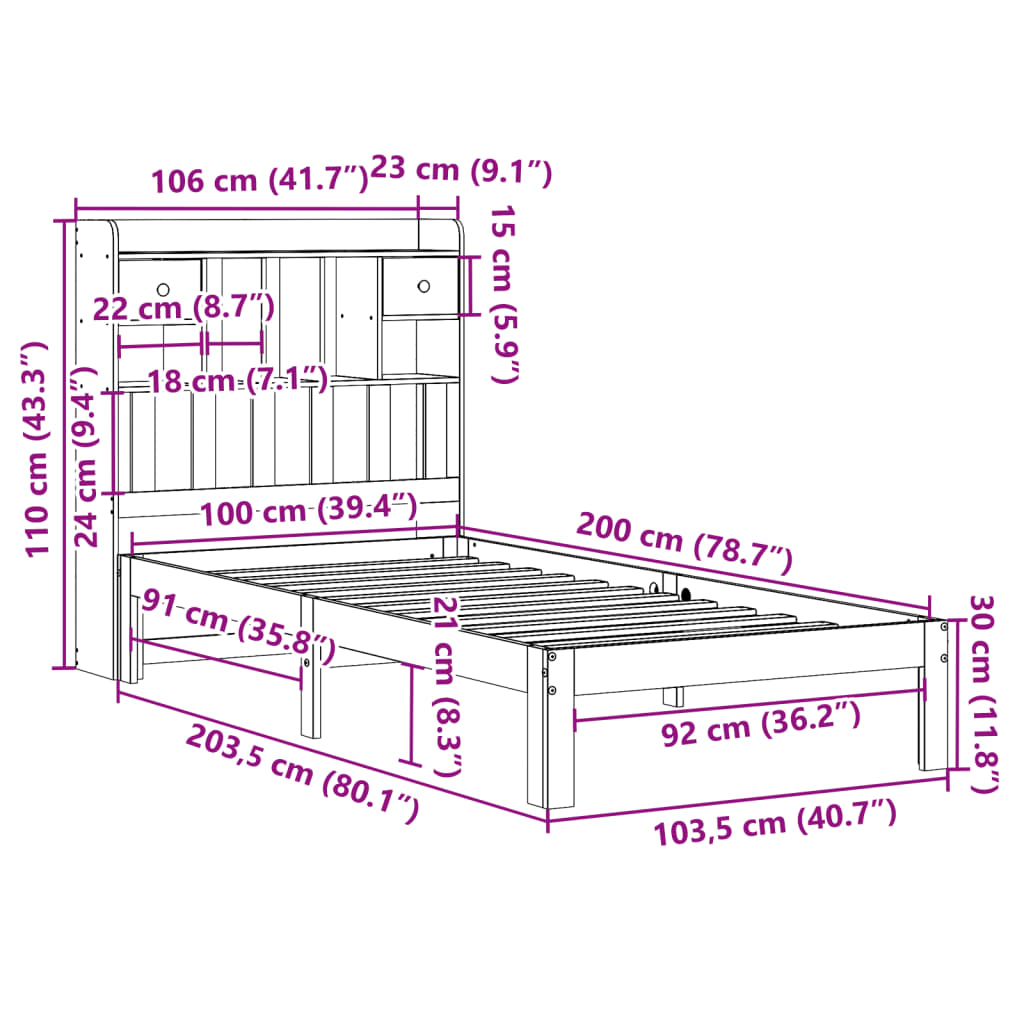Bookcase Bed without Mattress 100x200cm Solid Wood Pine