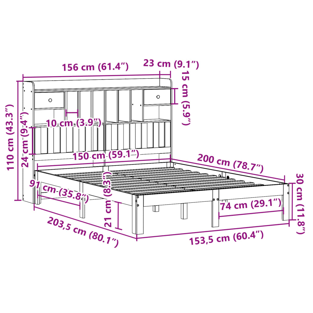 Bookcase Bed without Mattress 150x200cm Solid Wood Pine