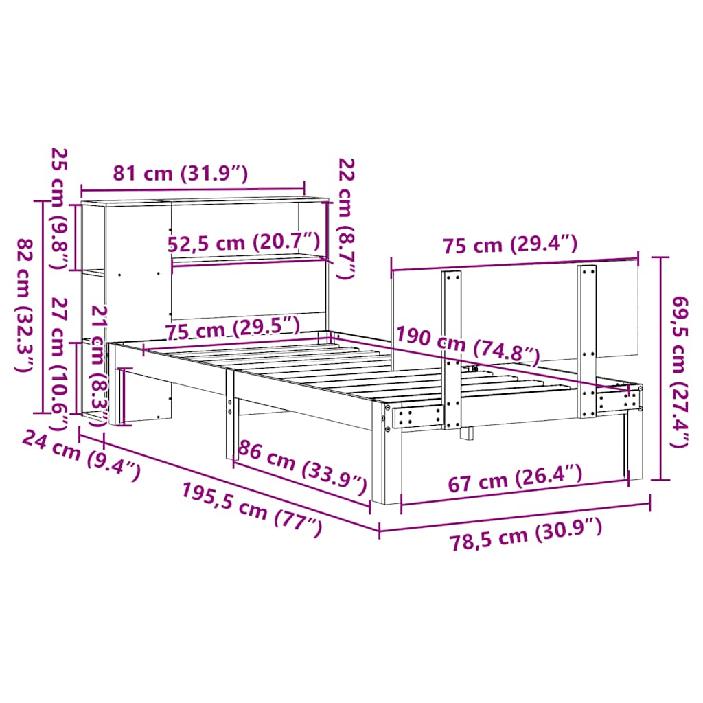 Bookcase Bed without Mattress White 75x190cm Small Single Solid Wood Pine