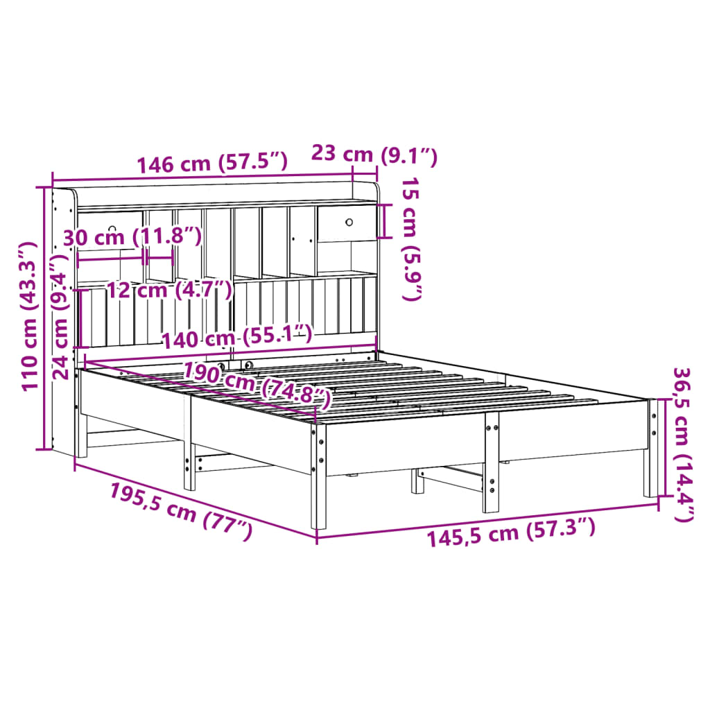 Bookcase Bed without Mattress 140x190 cm Solid Wood Pine