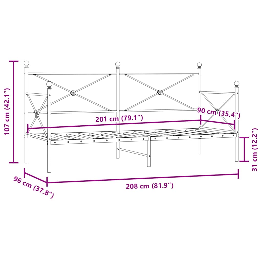 Day Bed without Mattress White 90x200 cm Steel