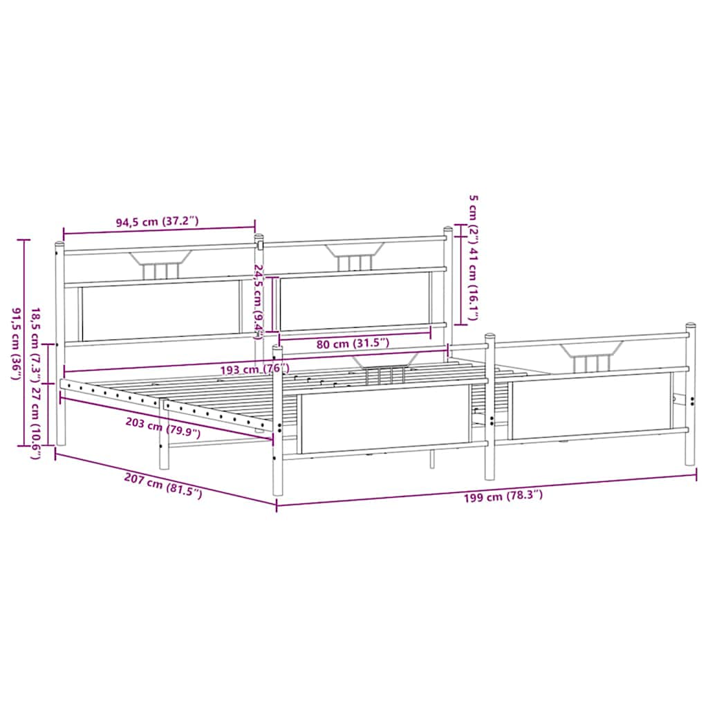 Metal Bed Frame without Mattress Sonoma Oak 193x201 cm