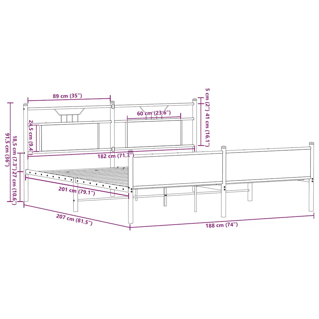 Metal Bed Frame without Mattress Smoked Oak 180x200 cm Super King