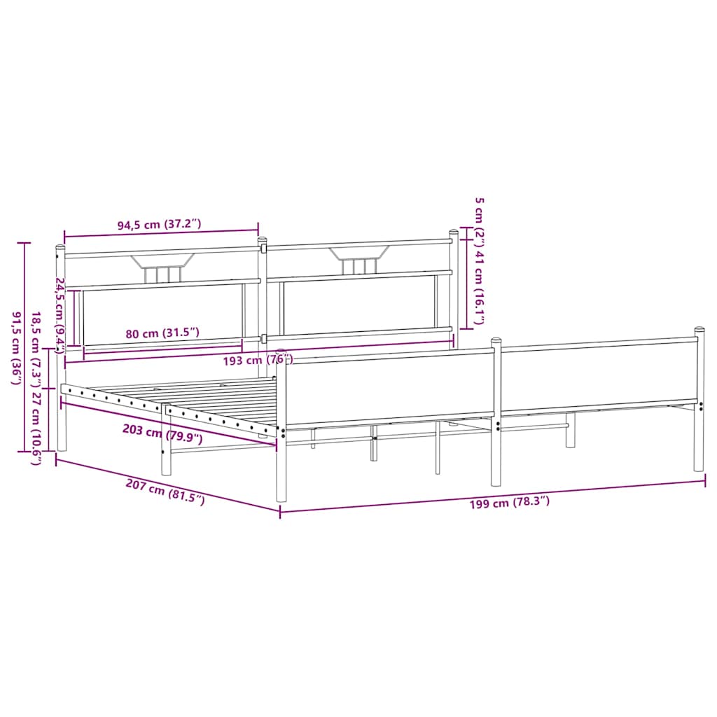 Metal Bed Frame without Mattress Smoked Oak 193x201 cm
