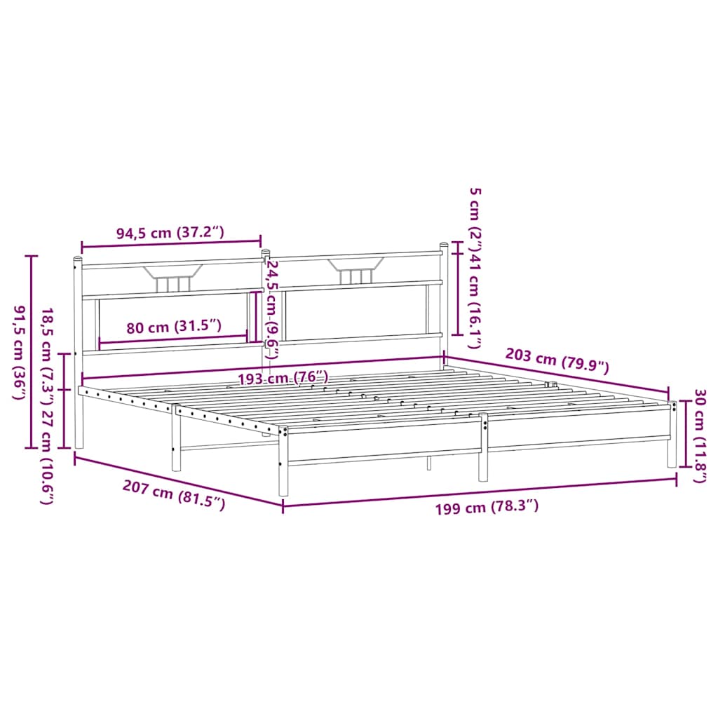 Metal Bed Frame without Mattress Brown Oak 193x201 cm