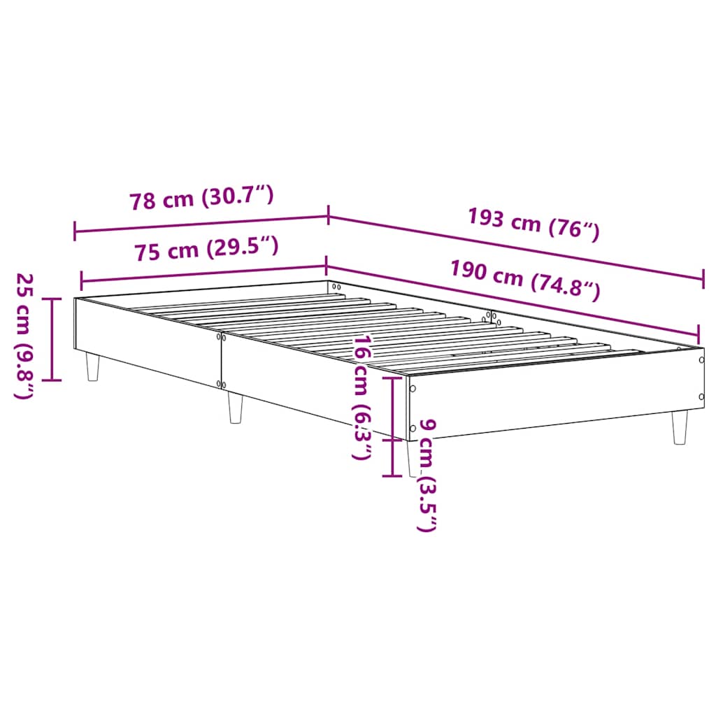 Bed Frame No Mattress Black 75x190 cm Small Single Engineered Wood