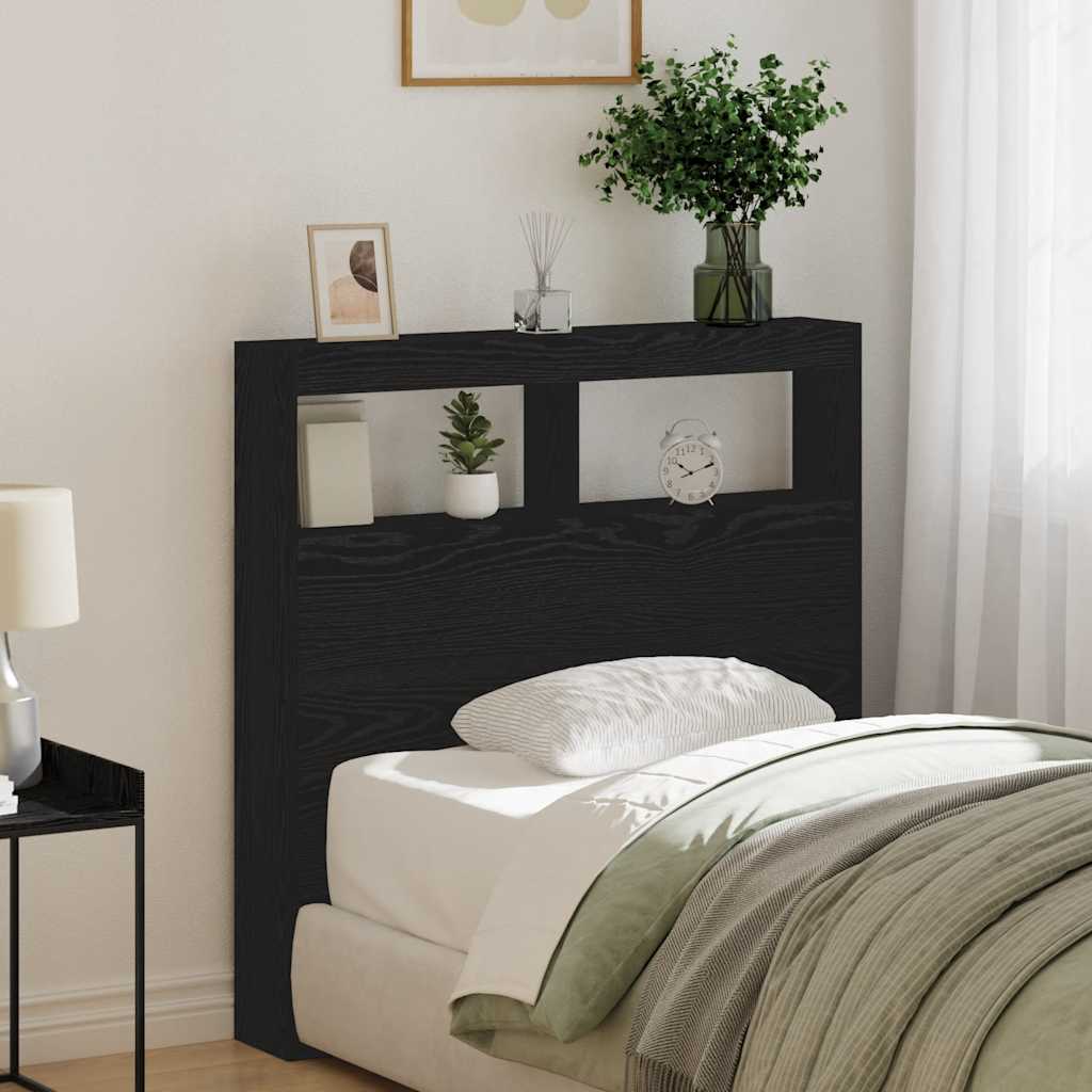 Headboard Cabinet with LED Black Oak 100x17x102 cm