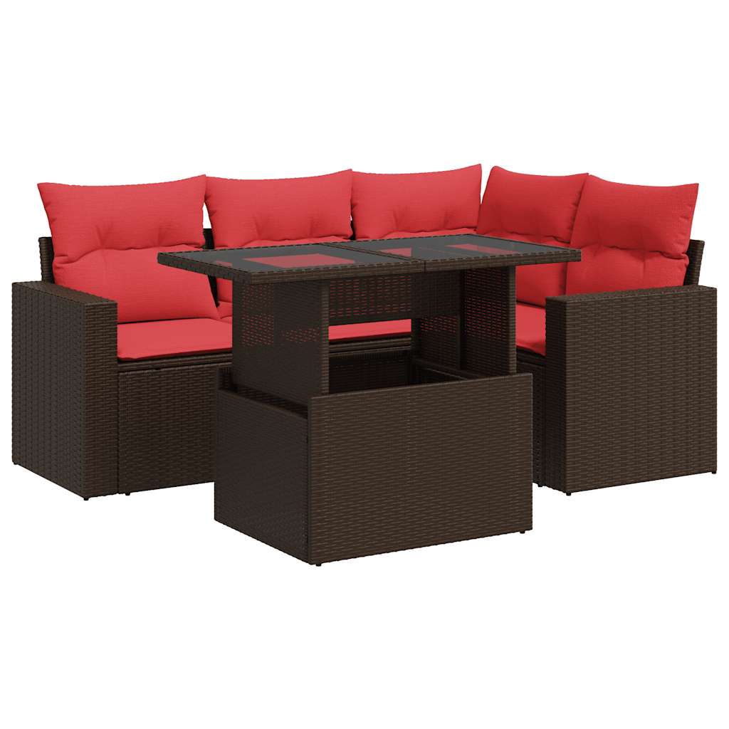5 Piece Garden Sofa Set with Cushions Brown Poly Rattan Acacia