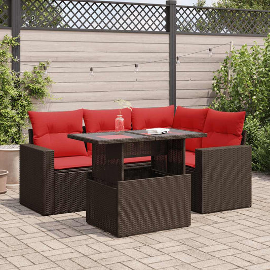 5 Piece Garden Sofa Set with Cushions Brown Poly Rattan Acacia