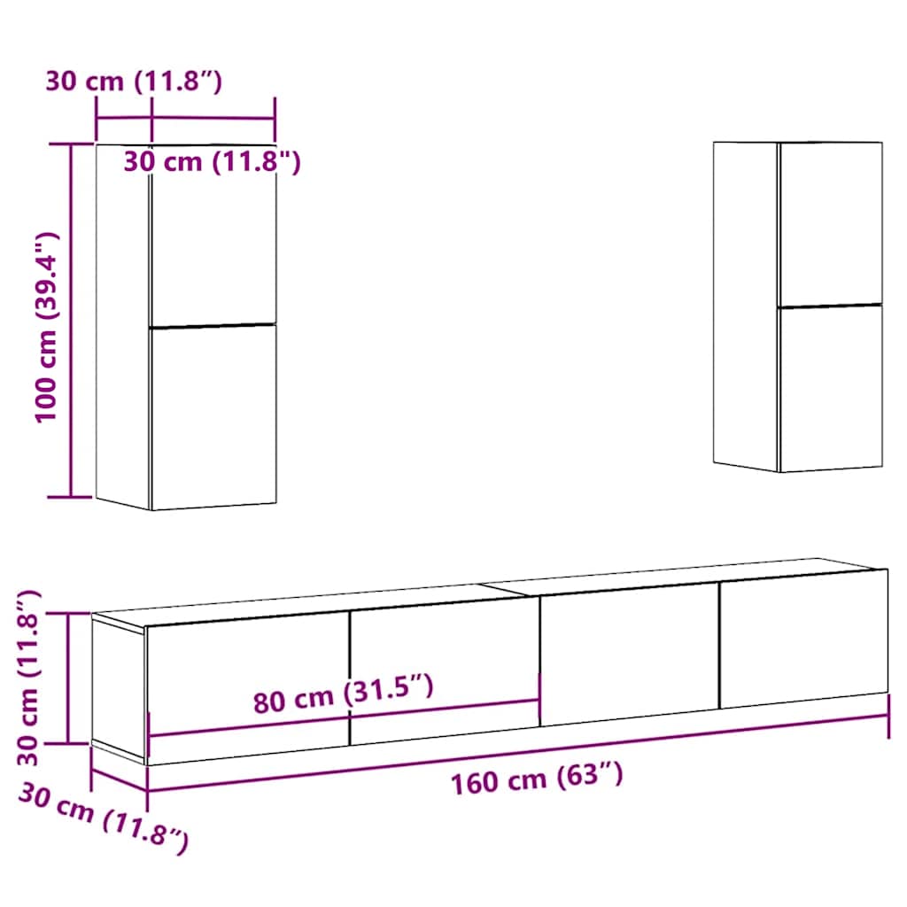 4 Piece TV Cabinet Set Wall-mounted Old Wood Engineered Wood