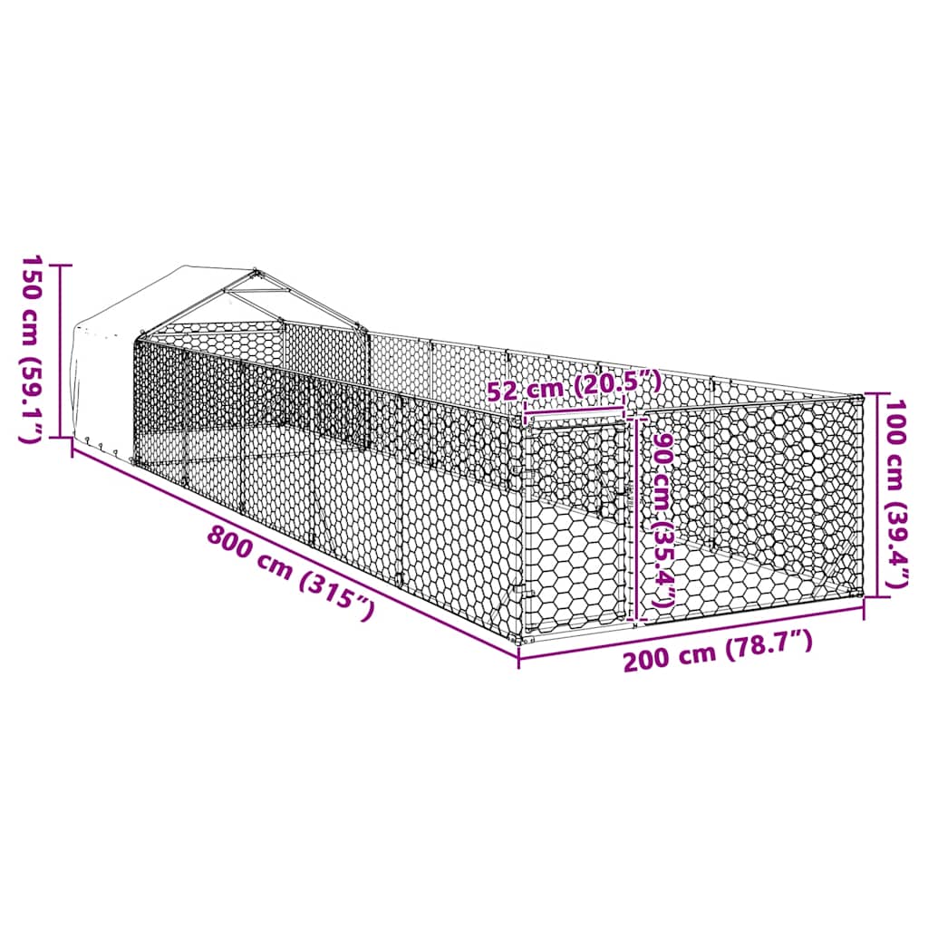 Outdoor Dog Kennel with Run 8x2x1.5 m Galvanised Steel
