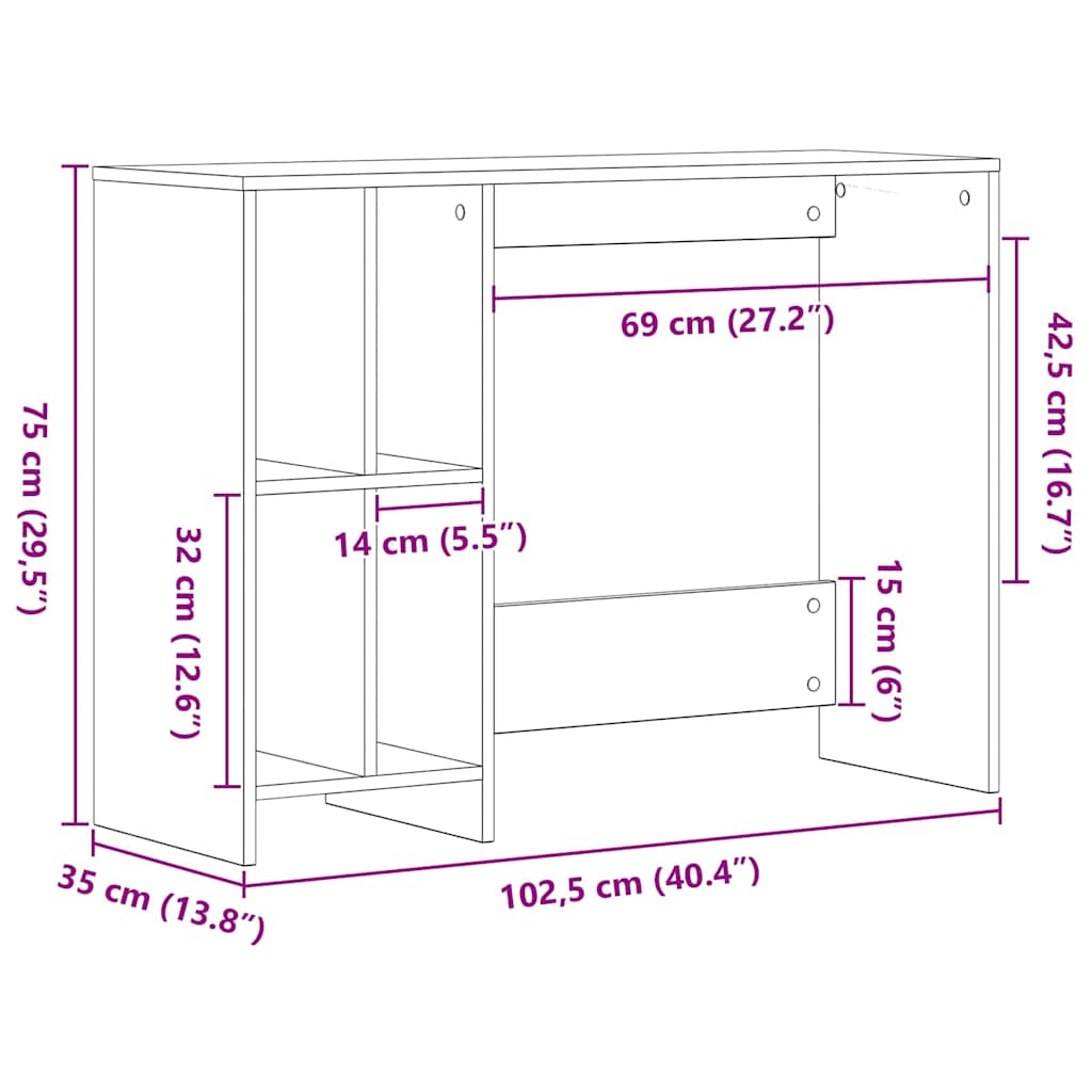 Desk with Shelf Black Oak 102.5 x 35 x 75 cm Engineered Wood