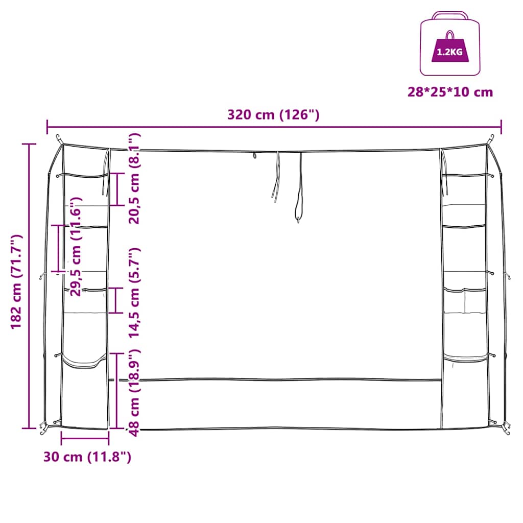 Hanging Tent Organiser with Storage Grey 320 x 182 cm