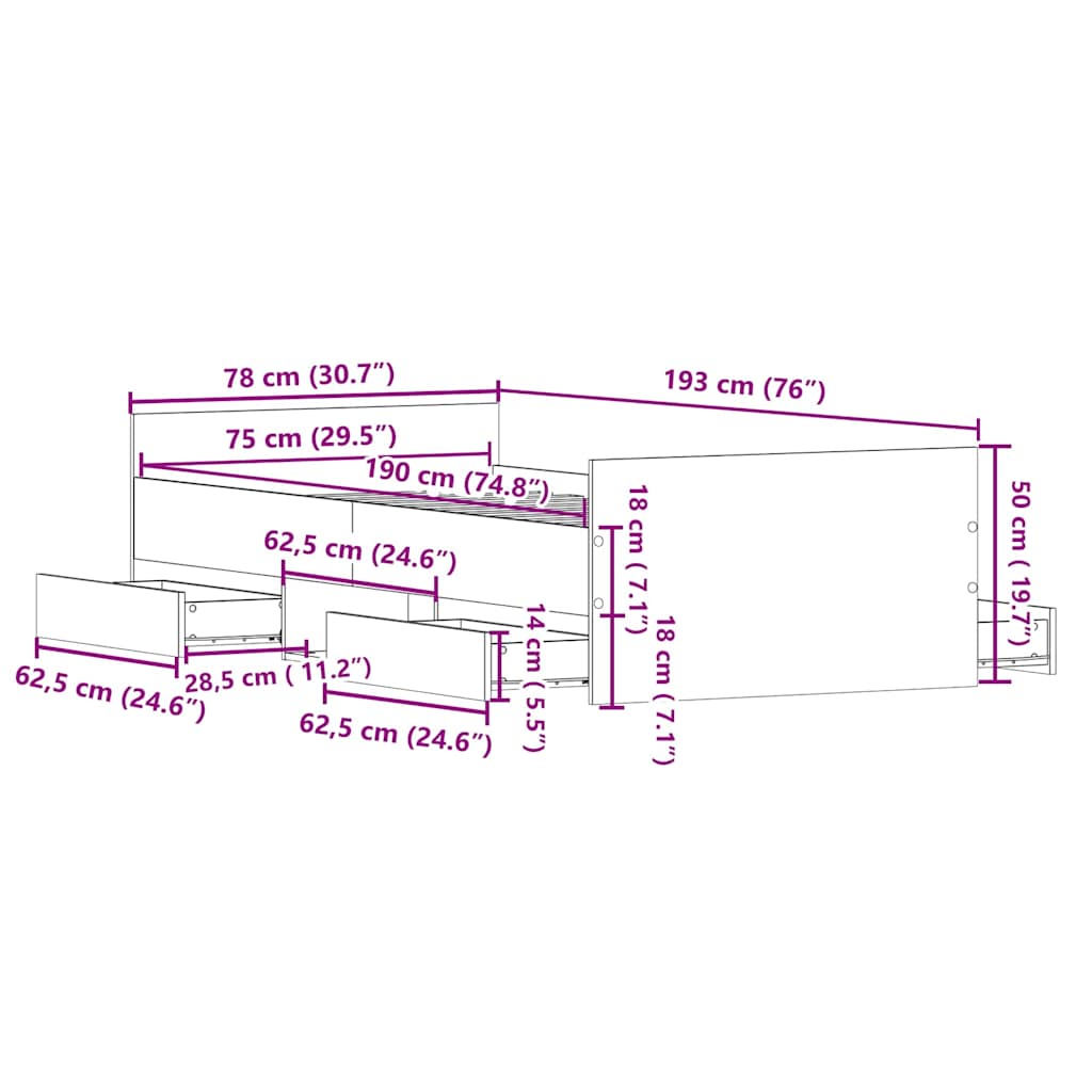 Bed Frame with Headboard Old wood 75 x 190 cm Engineered wood