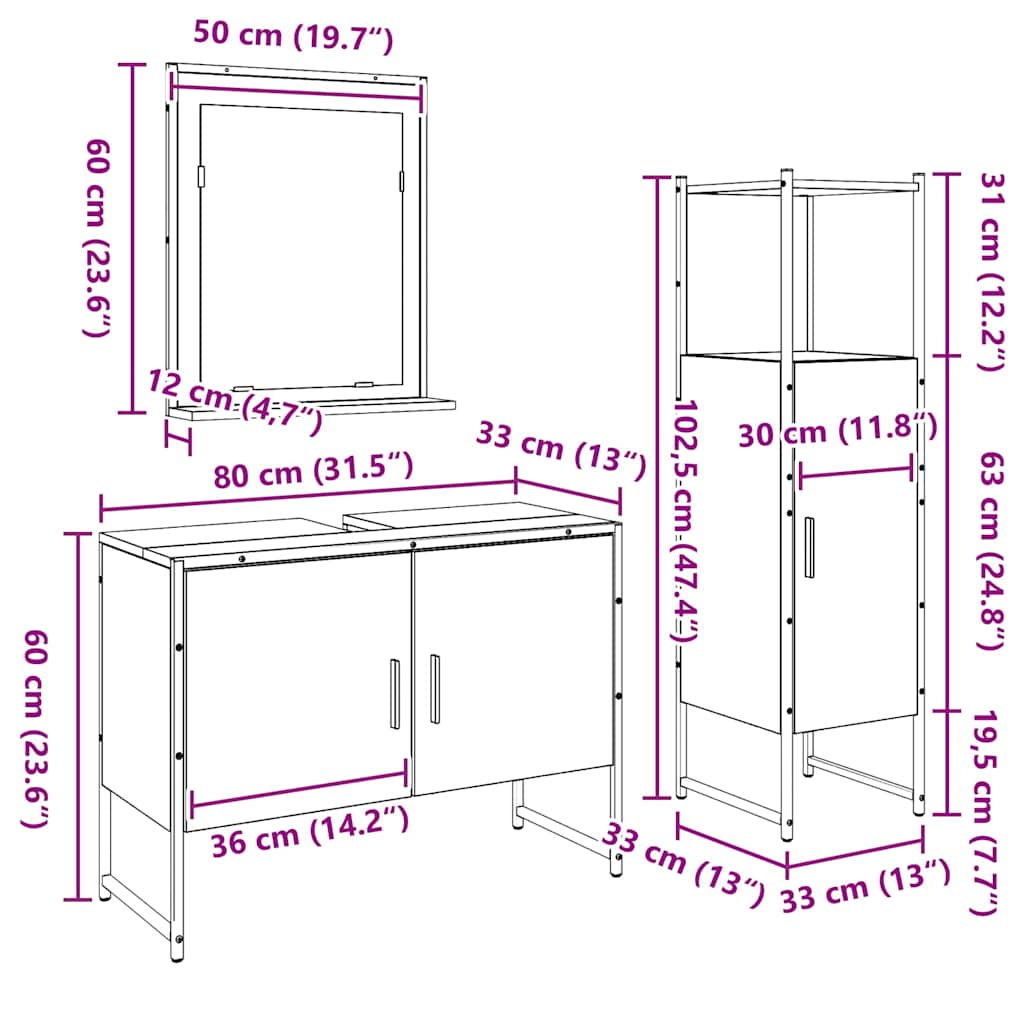 Bathroom Furniture Set with Door 3 pcs Brown 33 x 33 x 102.5 cm