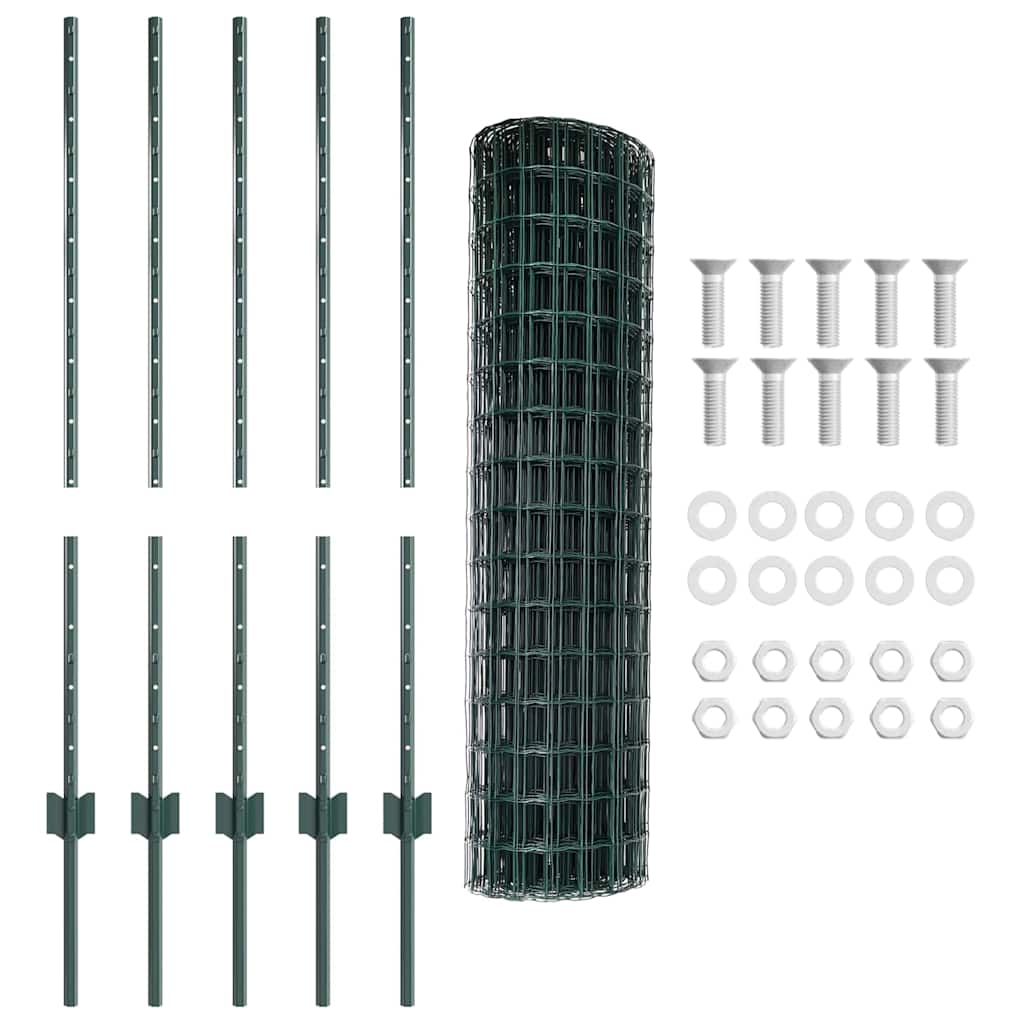 Fence with Posts Green 1 x 10 m Steel