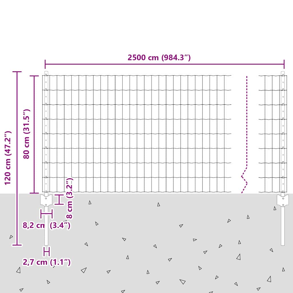 Fence with Posts Green 0.8 x 25 m Steel