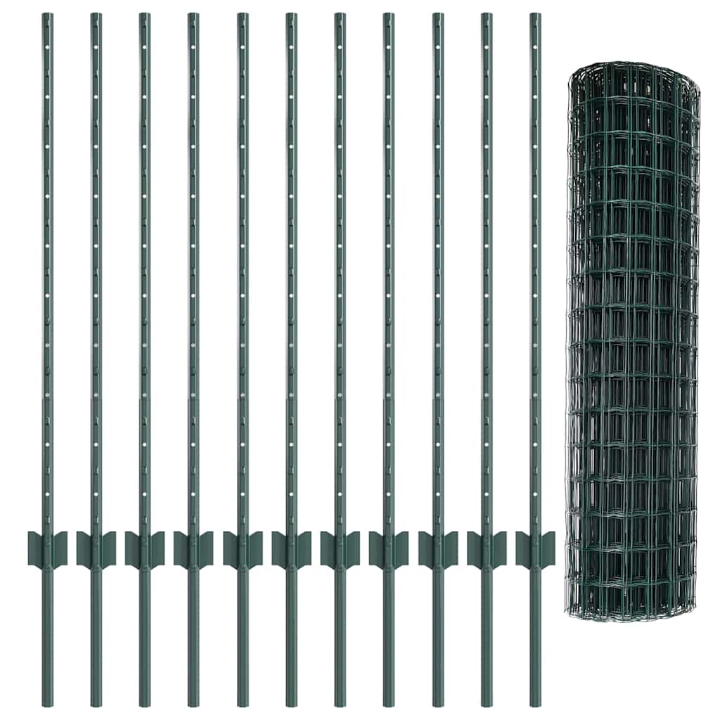 Fence with Posts Green 1 x 25 m Steel