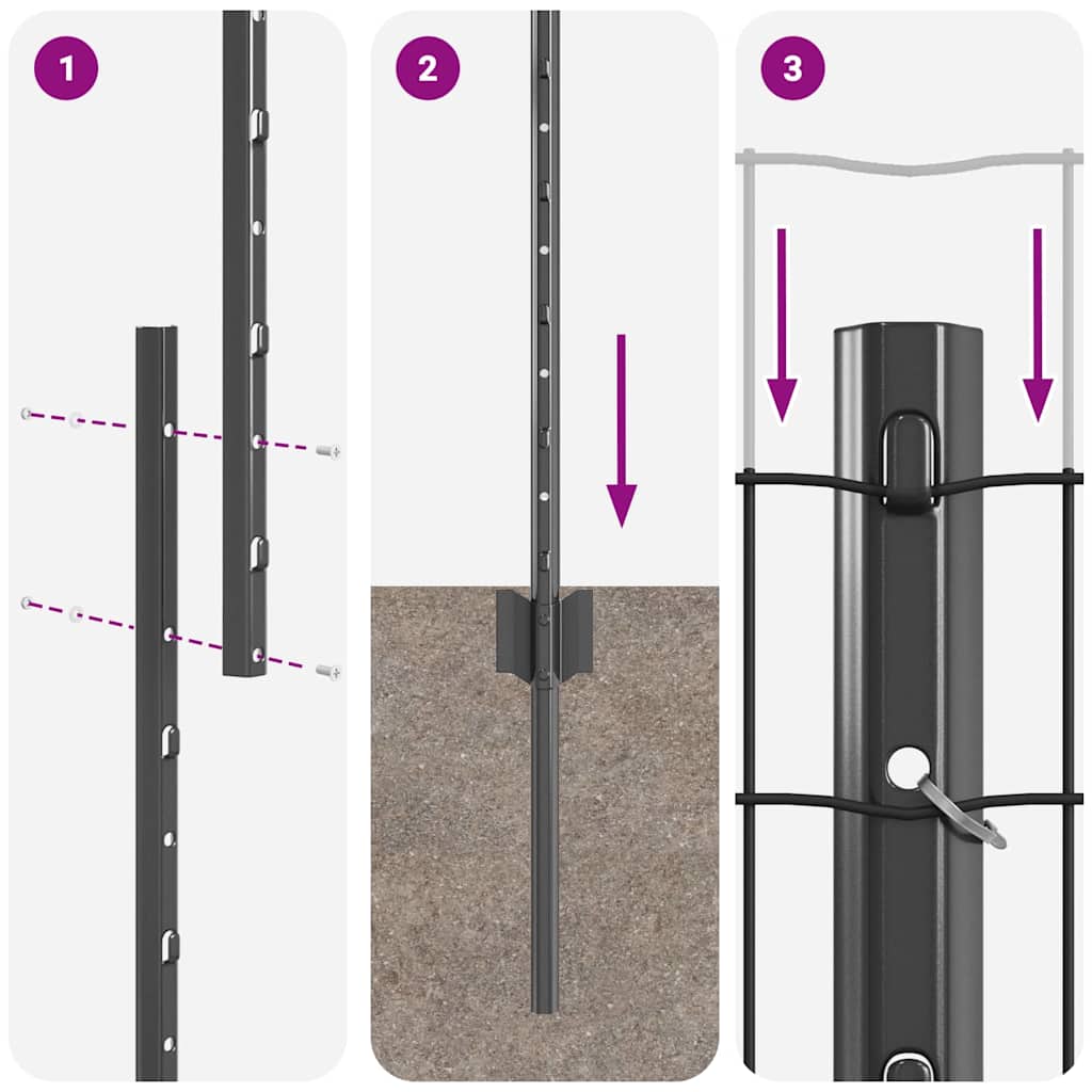 Fence with Posts Grey 1 x 25 m Steel